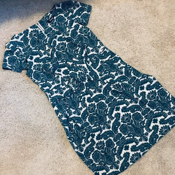 Teal Folksy Damask Print Short Sleeve Dress - Picture 11 of 16